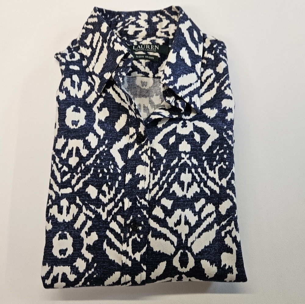 Lauren Ralph Lauren Non Iron Button Down Blouse Blue Ikat Print Sz XXS